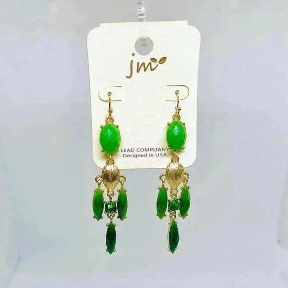 Green & Gold Dangling Statement Earrings - Picture 5 of 5